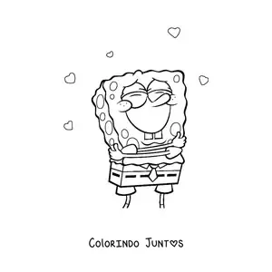 Desenho para colorir do Bob Esponja se abraçando rodeado de corações