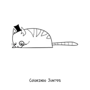Desenho para colorir de um gato elegante deitado usando um chapéu e um monóculo