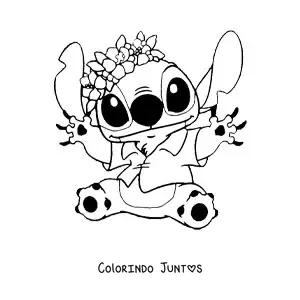 Desenho para colorir do Stitch sentado acenando com flores na cabeça