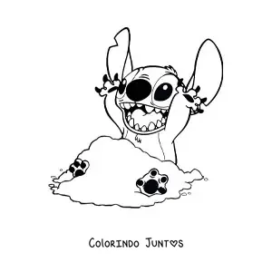 Desenho para colorir do Stitch sentado brincando na areia feliz