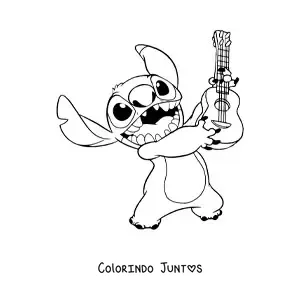 Desenho para colorir do Stitch feliz segurando um ukulele