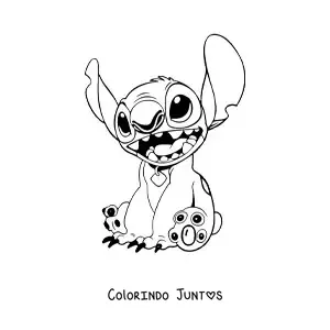 Desenho para colorir do Stitch sentado sorrindo usando uma coleira de mascote