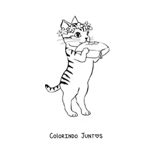 Desenho para colorir de um gato animado com coroa de flores levando as alianças de casamento sobre uma almofada
