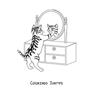 Desenho para colorir de um gato se vendo no espelho de uma penteadeira