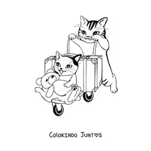 Desenho para colorir de um gato empurrando um carrinho de bagagem com uma mala, outro gato e um urso de pelúcia