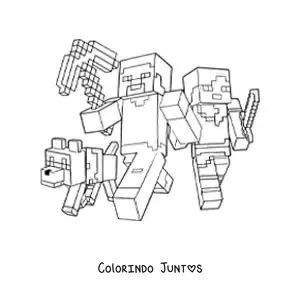 Desenho para colorir do Alex e do Steve de Minecraft caminhando junto a um cachorro