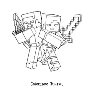 Desenho para colorir do Alex e do Steve de Minecraft lutando juntos