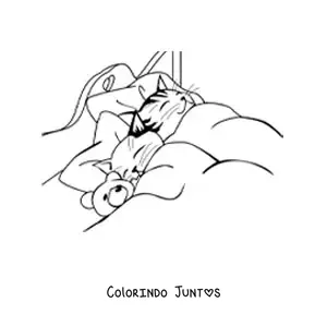 Desenho para colorir de dois gatos dormindo em uma cama junto a um urso de pelúcia