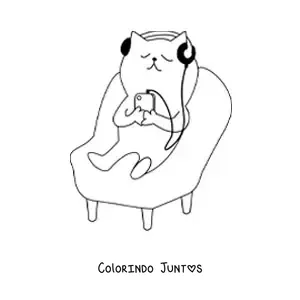 Desenho para colorir de um gato animado sentado ouvindo música com fones de ouvido