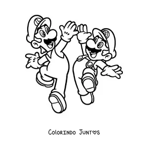 Desenho para colorir dos irmãos Mario e Luigi pulando e batendo as mãos