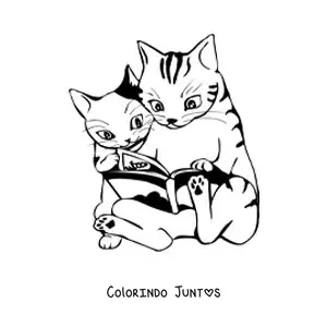 Desenho para colorir de dois gatos animados sentados lendo um livro