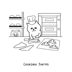 Desenho para colorir de um gato padeiro animado cozinhando croissants