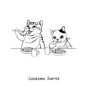 Desenho para colorir de dois gatos animados comendo macarrão com talheres