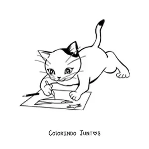 Desenho para colorir de um gato animado desenhando sobre uma folha
