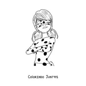 Desenho para colorir da Marinette com traje de Ladybug de braços cruzados