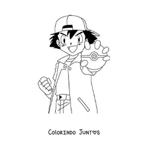 Desenho para colorir do Ash Ketchum de Pokémon com uma pokébola