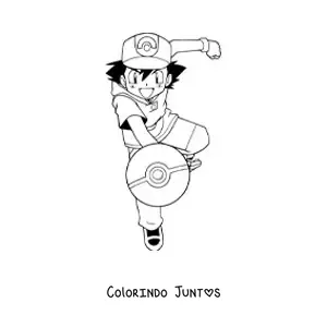 Desenho para colorir do Ash Ketchum de Pokémon lançando uma pokébola