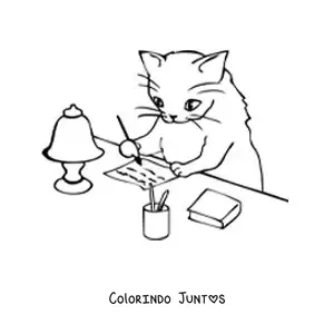 Desenho para colorir de um gato animado escrevendo uma carta