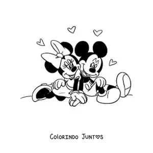 Desenho para colorir do Mickey e da Minnie sentados juntos rodeados de corações