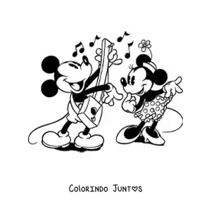 Desenho para colorir do Mickey tocando violão e da Minnie dançando