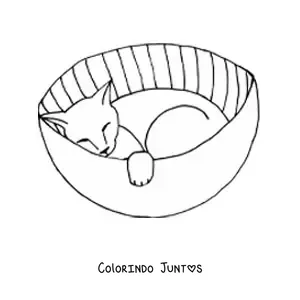 Desenho para colorir de um gato dormindo em uma caminha de gato