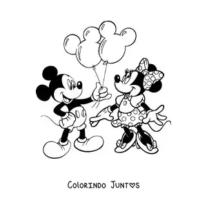 Desenho para colorir do Mickey dando balões de presente para a Minnie