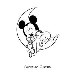 Desenho para colorir do Mickey bebê dormindo sobre uma lua segurando um ursinho de pelúcia