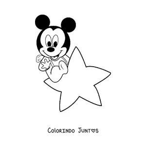 Desenho para colorir do Mickey bebê sentado sobre uma estrela