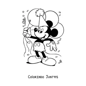 Desenho para colorir do Mickey feliz segurando vários balões de aniversário