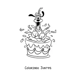 Desenho para colorir do Pluto saindo de dentro de um bolo de aniversário