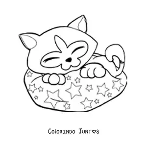 Desenho para colorir de um siamês dormindo em uma caminha com estampa de estrelas