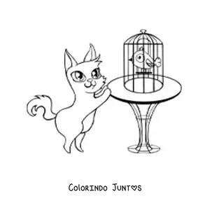 Desenho para colorir de um gato animado olhando um pássaro na gaiola sobre uma mesa