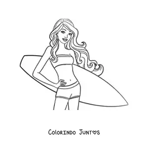 Desenho para colorir da Barbie na praia com uma prancha de surfe