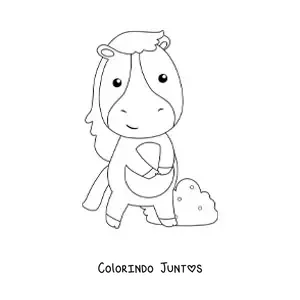 Desenho para colorir de um cavalo kawaii animado com um arbusto ao fundo