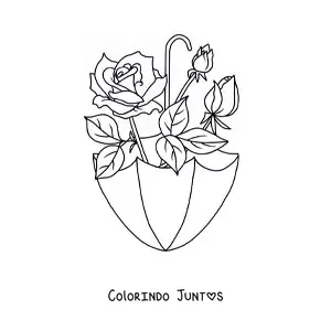 Desenho para colorir de uma rosa e dois botões de rosa dentro de uma sombrinha
