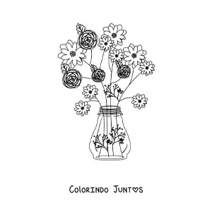 Desenho para colorir de um vaso com quatro rosas e outras flores