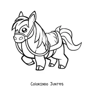 Desenho para colorir de um cavalo kawaii selado levantando uma pata