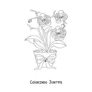 Desenho para colorir de três orquídeas phalaenopsis em um vaso