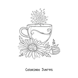 Desenho para colorir de uma xícara de chá com uma margarida