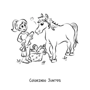 Desenho para colorir de uma menina alimentando um cavalo com uma cenoura enorme