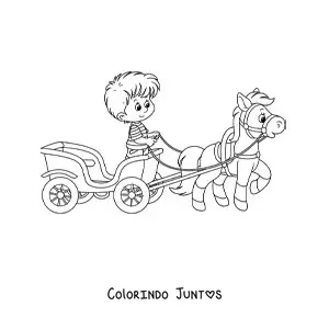Desenho para colorir de um menino sobre uma carruagem puxada por um cavalo