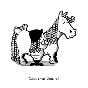 Desenho para colorir de uma menina com tranças penteando a crina longa e trançada de um cavalo