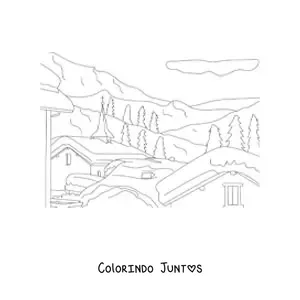 Desenho para colorir de uma paisagem de casas com neve