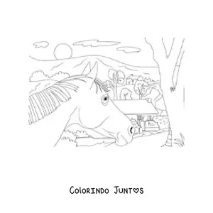 Desenho para colorir de uma casa de campo com um cavalo