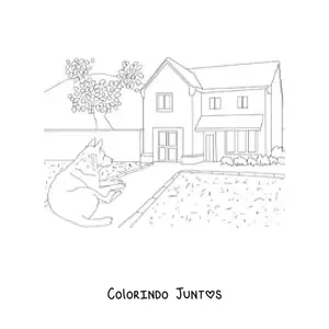 Desenho para colorir de uma casa com um cachorro e um jardim