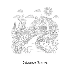 Desenho para colorir de uma casa de campo com um moinho