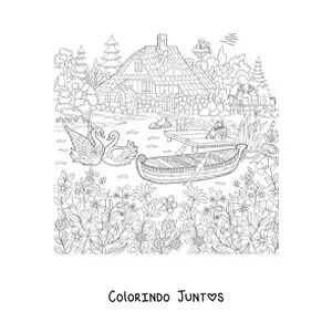 Desenho para colorir de uma casa na floresta com um lago com cisnes