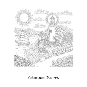 Desenho para colorir de uma casa junto ao mar perto de um farol