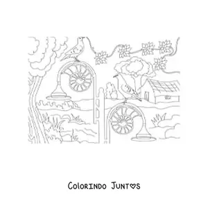 Desenho para colorir de uma casa de campo com jardim