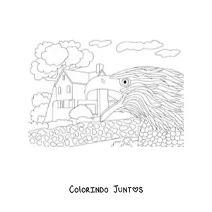Desenho para colorir de uma águia perto de uma casa